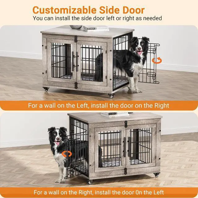 Alt view image 5 of 7 - Dog Crate Furniture Set of 2, Dog Kennel Indoor Double Doors Wooden Dog Cage, 32'' Heavy Duty Dog Crate with Cushion & Wheels, End Table Pet House Chew-Resistant Up to 45 lb, Grey