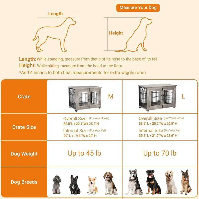 Alt view image 7 of 7 - Dog Crate Furniture Set of 2, Dog Kennel Indoor Double Doors Wooden Dog Cage, 32'' Heavy Duty Dog Crate with Cushion & Wheels, End Table Pet House Chew-Resistant Up to 45 lb, Grey
