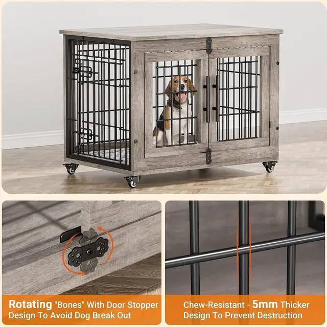 Alt view image 6 of 7 - Dog Crate Furniture Set of 2, Dog Kennel Indoor Double Doors Wooden Dog Cage, 32'' Heavy Duty Dog Crate with Cushion & Wheels, End Table Pet House Chew-Resistant Up to 45 lb, Grey