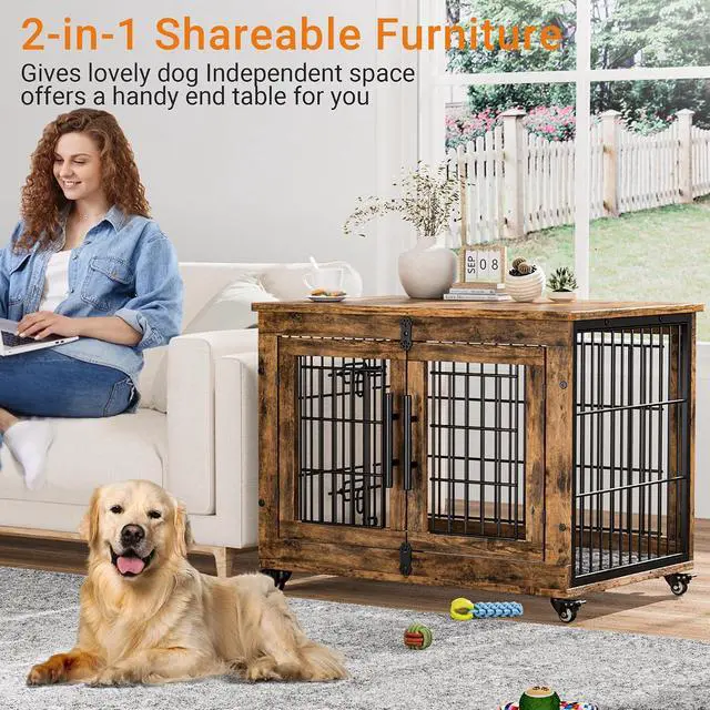 Alt view image 2 of 7 - Dog Crate Furniture Set of 2, Dog Kennel Indoor Double Doors Wooden Dog Cage, 32'' Heavy Duty Dog Crate with Cushion & Wheels, End Table Pet House Chew-Resistant Up to 45 lb, Rustic Brown