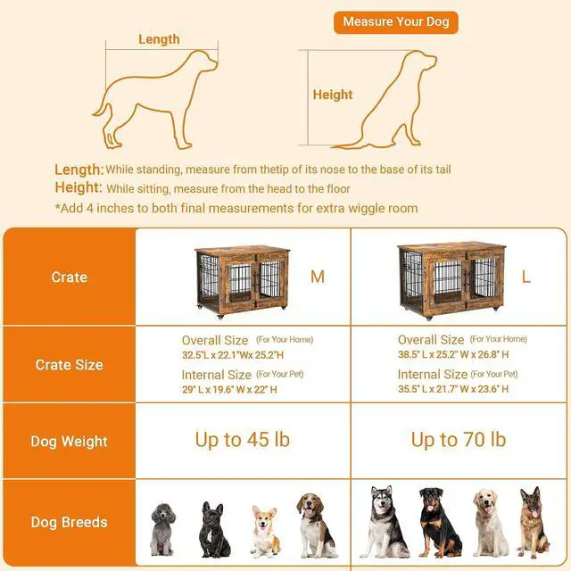 Alt view image 6 of 7 - Dog Crate Furniture Set of 2, Dog Kennel Indoor Double Doors Wooden Dog Cage, 32'' Heavy Duty Dog Crate with Cushion & Wheels, End Table Pet House Chew-Resistant Up to 45 lb, Rustic Brown