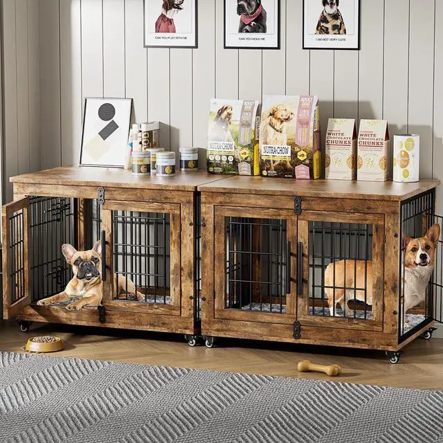 Main image of Dog Crate Furniture Set of 2, Dog Kennel Indoor Double Doors Wooden Dog Cage, 32'' Heavy Duty Dog Crate with Cushion & Wheels, End Table Pet House Chew-Resistant Up to 45 lb, Rustic Brown