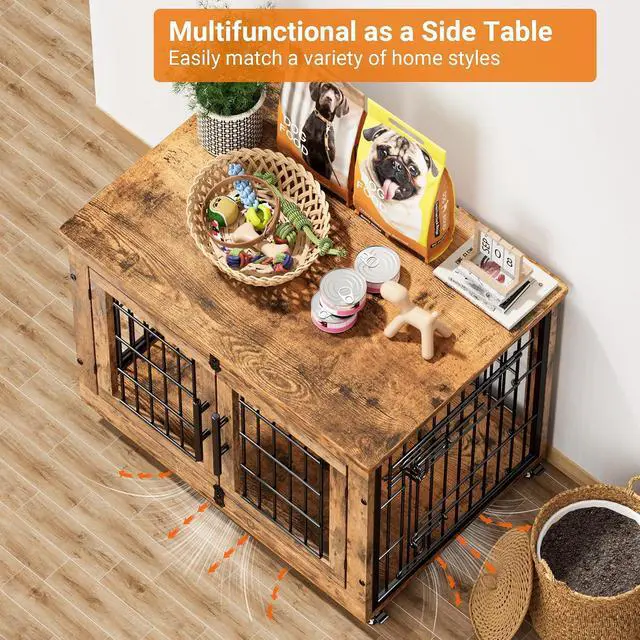 Alt view image 3 of 7 - Dog Crate Furniture Set of 2, Dog Kennel Indoor Double Doors Wooden Dog Cage, 32'' Heavy Duty Dog Crate with Cushion & Wheels, End Table Pet House Chew-Resistant Up to 45 lb, Rustic Brown