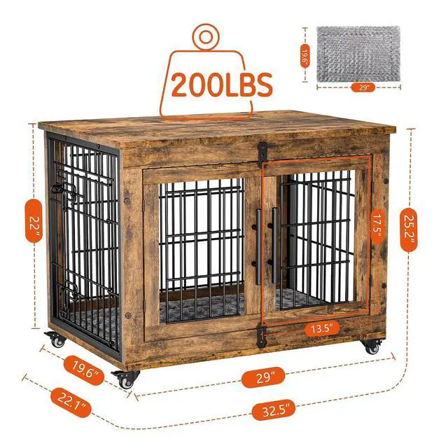 Alt view image 4 of 7 - Dog Crate Furniture Set of 2, Dog Kennel Indoor Double Doors Wooden Dog Cage, 32'' Heavy Duty Dog Crate with Cushion & Wheels, End Table Pet House Chew-Resistant Up to 45 lb, Rustic Brown