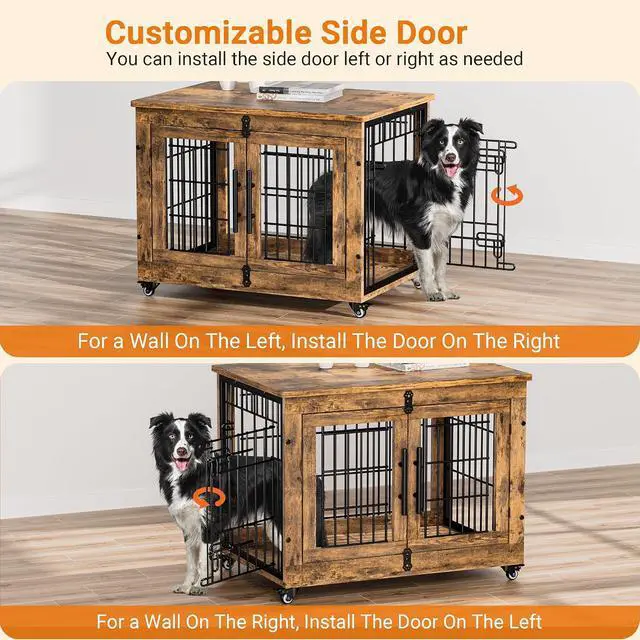 Alt view image 5 of 7 - Dog Crate Furniture Set of 2, Dog Kennel Indoor Double Doors Wooden Dog Cage, 32'' Heavy Duty Dog Crate with Cushion & Wheels, End Table Pet House Chew-Resistant Up to 45 lb, Rustic Brown