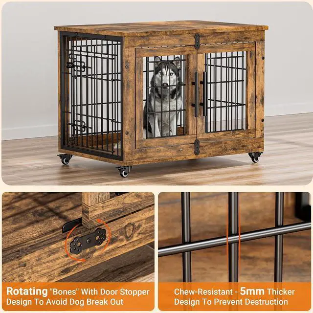 Alt view image 7 of 7 - Dog Crate Furniture Set of 2, Dog Kennel Indoor Double Doors Wooden Dog Cage, 32'' Heavy Duty Dog Crate with Cushion & Wheels, End Table Pet House Chew-Resistant Up to 45 lb, Rustic Brown