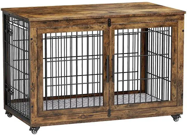 Main image of Dog Crate Furniture, XL Wooden Dog Kennel Indoor Double Doors Dog Cage, 44'' Heavy Duty Dog Crate with Cushion & Wheels, Decorative End Table Pet House Chew-Resistant for Large Dogs, Brown