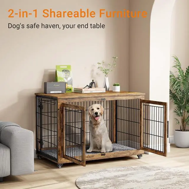Alt view image 2 of 7 - Dog Crate Furniture, XL Wooden Dog Kennel Indoor Double Doors Dog Cage, 44'' Heavy Duty Dog Crate with Cushion & Wheels, Decorative End Table Pet House Chew-Resistant for Large Dogs, Brown