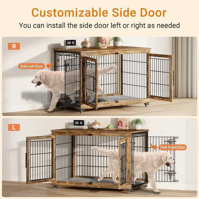 Alt view image 4 of 7 - Dog Crate Furniture, XL Wooden Dog Kennel Indoor Double Doors Dog Cage, 44'' Heavy Duty Dog Crate with Cushion & Wheels, Decorative End Table Pet House Chew-Resistant for Large Dogs, Brown