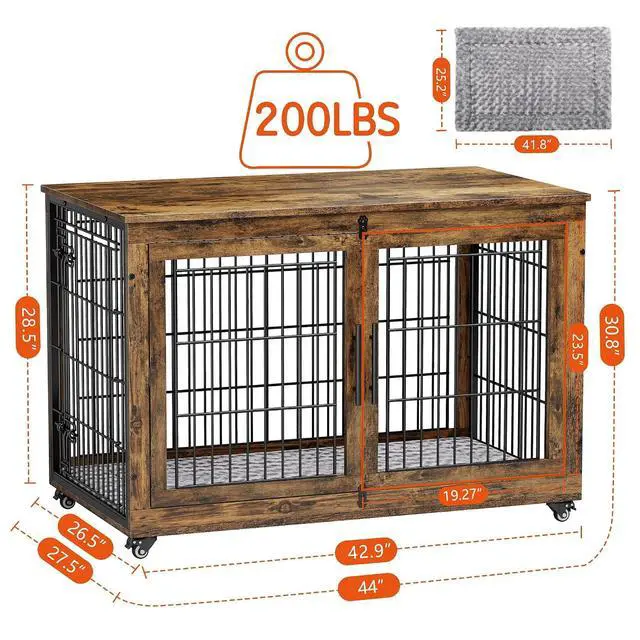 Alt view image 3 of 7 - Dog Crate Furniture, XL Wooden Dog Kennel Indoor Double Doors Dog Cage, 44'' Heavy Duty Dog Crate with Cushion & Wheels, Decorative End Table Pet House Chew-Resistant for Large Dogs, Brown