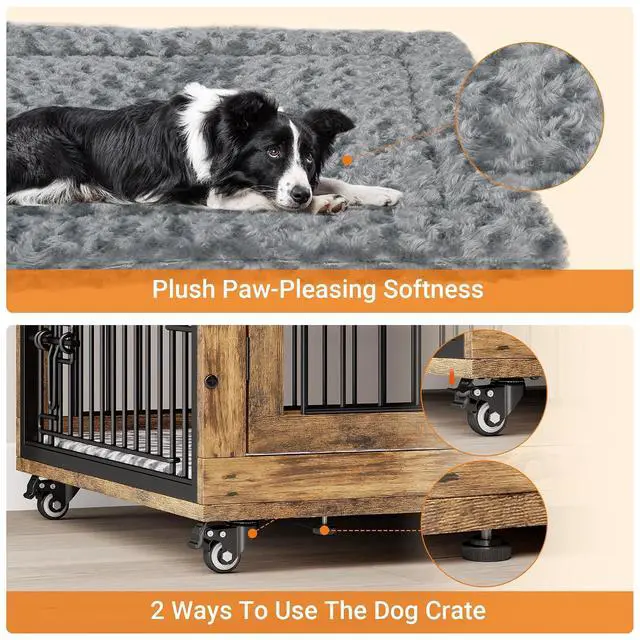 Alt view image 6 of 7 - Dog Crate Furniture, XL Wooden Dog Kennel Indoor Double Doors Dog Cage, 44'' Heavy Duty Dog Crate with Cushion & Wheels, Decorative End Table Pet House Chew-Resistant for Large Dogs, Brown
