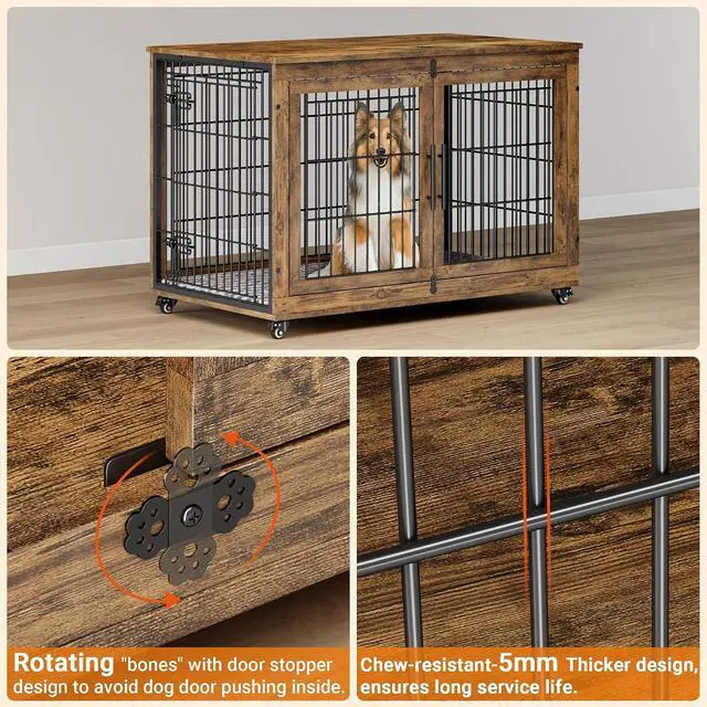 Alt view image 7 of 7 - Dog Crate Furniture, XL Wooden Dog Kennel Indoor Double Doors Dog Cage, 44'' Heavy Duty Dog Crate with Cushion & Wheels, Decorative End Table Pet House Chew-Resistant for Large Dogs, Brown