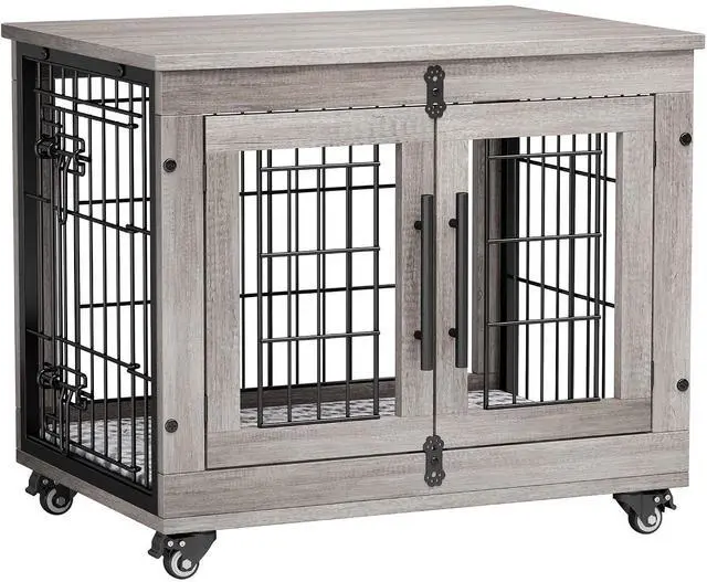 Main image of Small Dog Crate Furniture, Dog Kennel Indoor Double Doors Wooden Dog Cage, 27.1'' Heavy Duty Dog Crate with Cushion & Wheels, Decorative End Table Pet House Chew-Resistant for Small Dogs, Grey