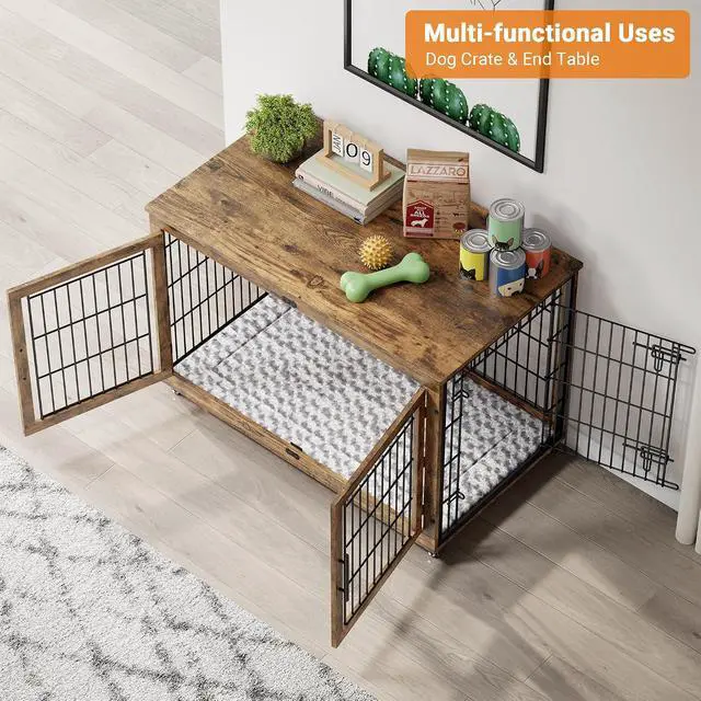 Alt view image 5 of 7 - Dog Crate Furniture, XL Wooden Dog Kennel Indoor Double Doors Dog Cage, 44'' Heavy Duty Dog Crate with Cushion & Wheels, Decorative End Table Pet House Chew-Resistant for Large Dogs, Brown