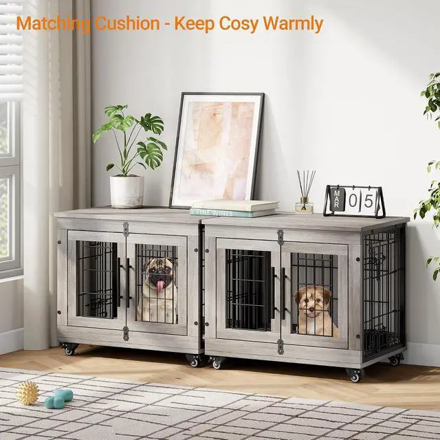 Alt view image 6 of 7 - Small Dog Crate Furniture, Dog Kennel Indoor Double Doors Wooden Dog Cage, 27.1'' Heavy Duty Dog Crate with Cushion & Wheels, Decorative End Table Pet House Chew-Resistant for Small Dogs, Grey