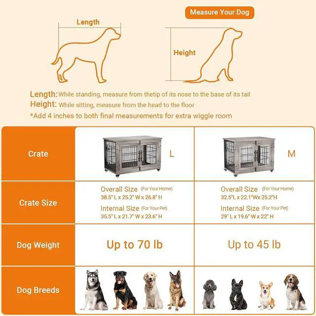 Alt view image 6 of 7 - Dog Crate Furniture Set of 2, Dog Kennel Indoor Double Doors Wooden Dog Cage, 38'' Heavy Duty Dog Crate with Cushion & Wheels, End Table Pet House Chew-Resistant Up to 70 lb, Grey