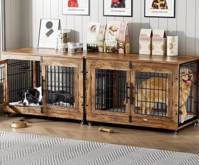 Main image of Dog Crate Furniture Set of 2, Dog Kennel Indoor Double Doors Wooden Dog Cage, 38'' Heavy Duty Dog Crate with Cushion & Wheels, End Table Pet House Chew-Resistant Up to 70 lb, Rustic Brown