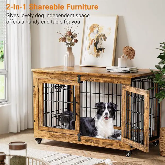 Alt view image 2 of 7 - Dog Crate Furniture, Dog Kennel Indoor Double Doors Wooden Dog Cage, 38'' Heavy Duty Dog Crate with Cushion & Wheels, Decorative End Table Pet House Chew-Resistant for Large/Medium, Brown