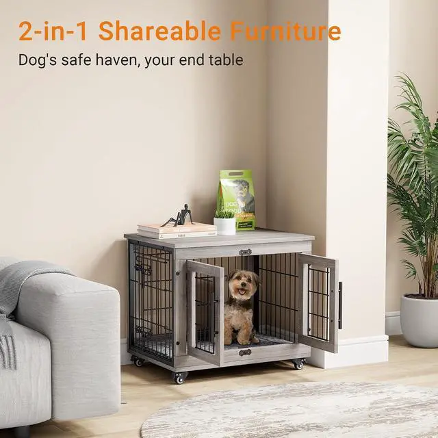 Alt view image 2 of 7 - Small Dog Crate Furniture Set of 2, Dog Kennel Indoor Double Doors Wooden Dog Cage, 27'' Heavy Duty Dog Crate with Cushion & Wheels, End Table Pet House Chew-Resistant Up to 30 lb, Grey