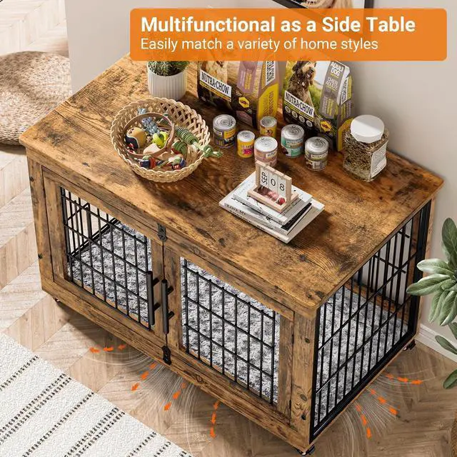 Alt view image 4 of 7 - Dog Crate Furniture, Dog Kennel Indoor Double Doors Wooden Dog Cage, 38'' Heavy Duty Dog Crate with Cushion & Wheels, Decorative End Table Pet House Chew-Resistant for Large/Medium, Brown
