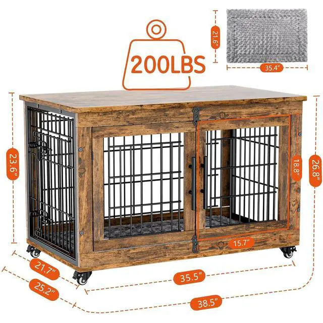 Alt view image 3 of 7 - Dog Crate Furniture, Dog Kennel Indoor Double Doors Wooden Dog Cage, 38'' Heavy Duty Dog Crate with Cushion & Wheels, Decorative End Table Pet House Chew-Resistant for Large/Medium, Brown