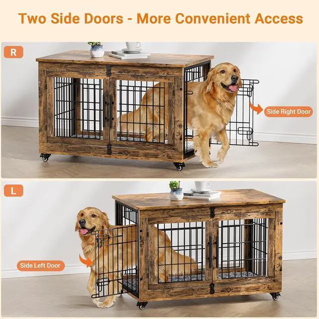 Alt view image 5 of 7 - Dog Crate Furniture, Dog Kennel Indoor Double Doors Wooden Dog Cage, 38'' Heavy Duty Dog Crate with Cushion & Wheels, Decorative End Table Pet House Chew-Resistant for Large/Medium, Brown