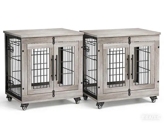 Main image of Small Dog Crate Furniture Set of 2, Dog Kennel Indoor Double Doors Wooden Dog Cage, 27'' Heavy Duty Dog Crate with Cushion & Wheels, End Table Pet House Chew-Resistant Up to 30 lb, Grey