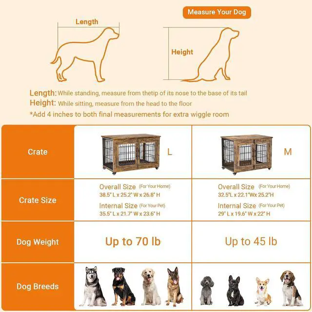 Alt view image 6 of 7 - Dog Crate Furniture, Dog Kennel Indoor Double Doors Wooden Dog Cage, 38'' Heavy Duty Dog Crate with Cushion & Wheels, Decorative End Table Pet House Chew-Resistant for Large/Medium, Brown