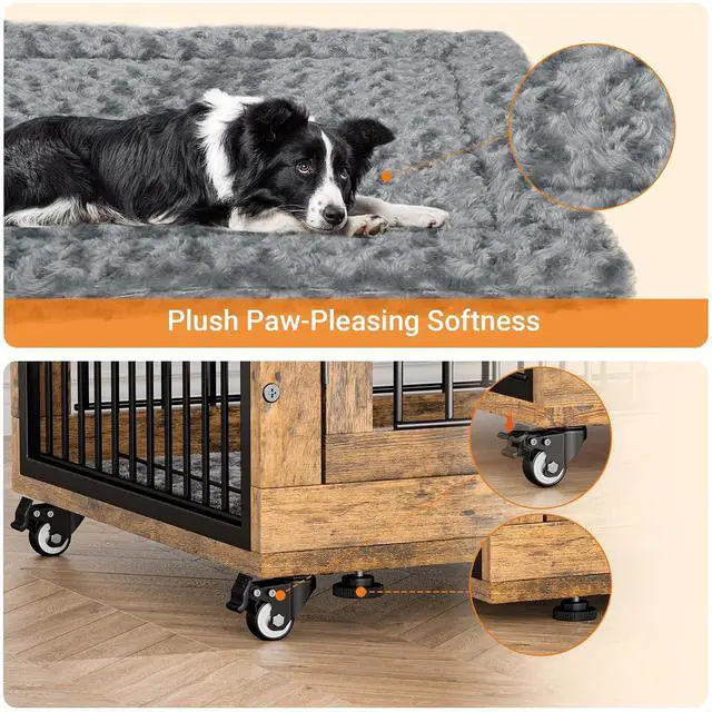 Alt view image 7 of 7 - Dog Crate Furniture, Dog Kennel Indoor Double Doors Wooden Dog Cage, 38'' Heavy Duty Dog Crate with Cushion & Wheels, Decorative End Table Pet House Chew-Resistant for Large/Medium, Brown
