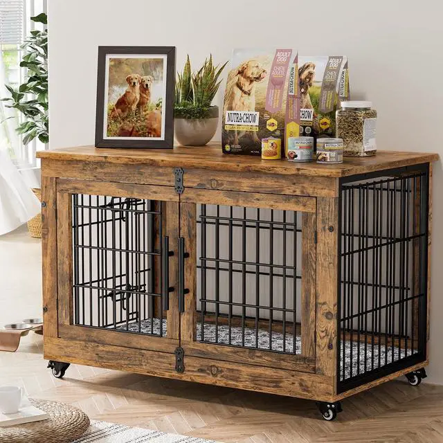 Main image of Dog Crate Furniture, Dog Kennel Indoor Double Doors Wooden Dog Cage, 38'' Heavy Duty Dog Crate with Cushion & Wheels, Decorative End Table Pet House Chew-Resistant for Large/Medium, Brown