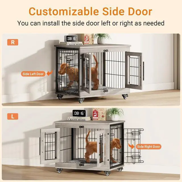 Alt view image 3 of 7 - Small Dog Crate Furniture Set of 2, Dog Kennel Indoor Double Doors Wooden Dog Cage, 27'' Heavy Duty Dog Crate with Cushion & Wheels, End Table Pet House Chew-Resistant Up to 30 lb, Grey
