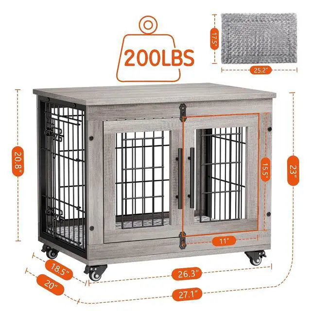 Alt view image 4 of 7 - Small Dog Crate Furniture Set of 2, Dog Kennel Indoor Double Doors Wooden Dog Cage, 27'' Heavy Duty Dog Crate with Cushion & Wheels, End Table Pet House Chew-Resistant Up to 30 lb, Grey