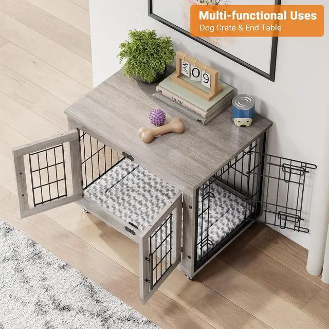 Alt view image 5 of 7 - Small Dog Crate Furniture Set of 2, Dog Kennel Indoor Double Doors Wooden Dog Cage, 27'' Heavy Duty Dog Crate with Cushion & Wheels, End Table Pet House Chew-Resistant Up to 30 lb, Grey