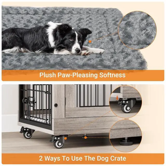 Alt view image 6 of 7 - Small Dog Crate Furniture Set of 2, Dog Kennel Indoor Double Doors Wooden Dog Cage, 27'' Heavy Duty Dog Crate with Cushion & Wheels, End Table Pet House Chew-Resistant Up to 30 lb, Grey