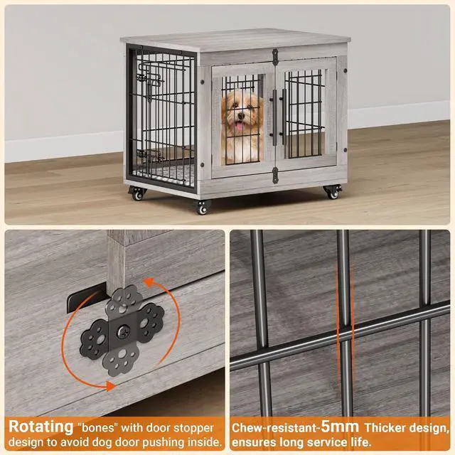 Alt view image 7 of 7 - Small Dog Crate Furniture Set of 2, Dog Kennel Indoor Double Doors Wooden Dog Cage, 27'' Heavy Duty Dog Crate with Cushion & Wheels, End Table Pet House Chew-Resistant Up to 30 lb, Grey