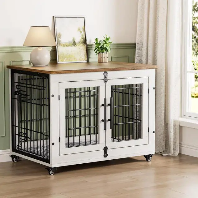 Main image of Dog Crate Furniture for Medium Dogs, 32'' Dog Kennel Indoor with Cushion & Wheels Wooden Dog Cage Double Doors Dog Crate End Table, White