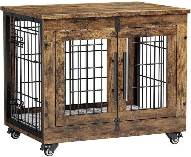 Main image of Small Dog Crate Furniture, Dog Kennel Indoor Double Doors Wooden Dog Cage, 27.1'' Heavy Duty Dog Crate with Cushion & Wheels, Decorative End Table Pet House Chew-Resistant for Small Dogs, Brown