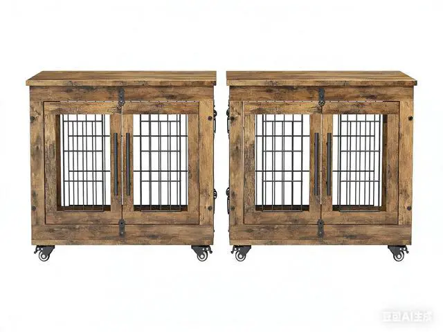 Main image of Small Dog Crate Furniture Set of 2, Dog Kennel Indoor Double Doors Wooden Dog Cage, 27' Heavy Duty Dog Crate with Cushion & Wheels, End Table Pet House Chew-Resistant Up to 30 lb, Rustic Brown