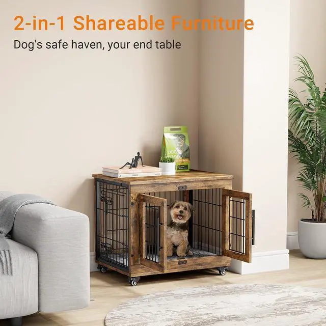 Alt view image 2 of 7 - Small Dog Crate Furniture Set of 2, Dog Kennel Indoor Double Doors Wooden Dog Cage, 27' Heavy Duty Dog Crate with Cushion & Wheels, End Table Pet House Chew-Resistant Up to 30 lb, Rustic Brown