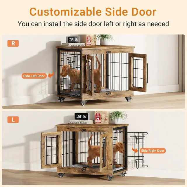 Alt view image 3 of 7 - Small Dog Crate Furniture Set of 2, Dog Kennel Indoor Double Doors Wooden Dog Cage, 27' Heavy Duty Dog Crate with Cushion & Wheels, End Table Pet House Chew-Resistant Up to 30 lb, Rustic Brown