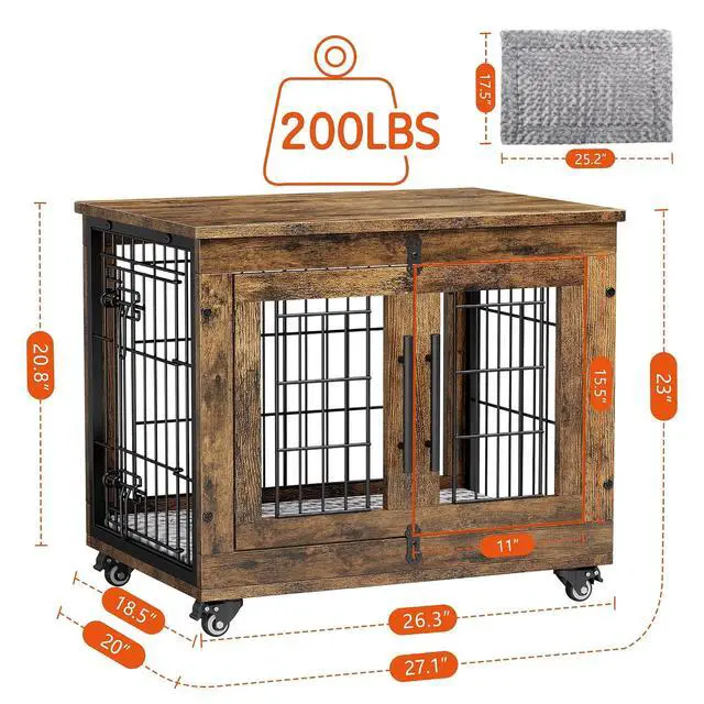 Alt view image 4 of 7 - Small Dog Crate Furniture Set of 2, Dog Kennel Indoor Double Doors Wooden Dog Cage, 27' Heavy Duty Dog Crate with Cushion & Wheels, End Table Pet House Chew-Resistant Up to 30 lb, Rustic Brown