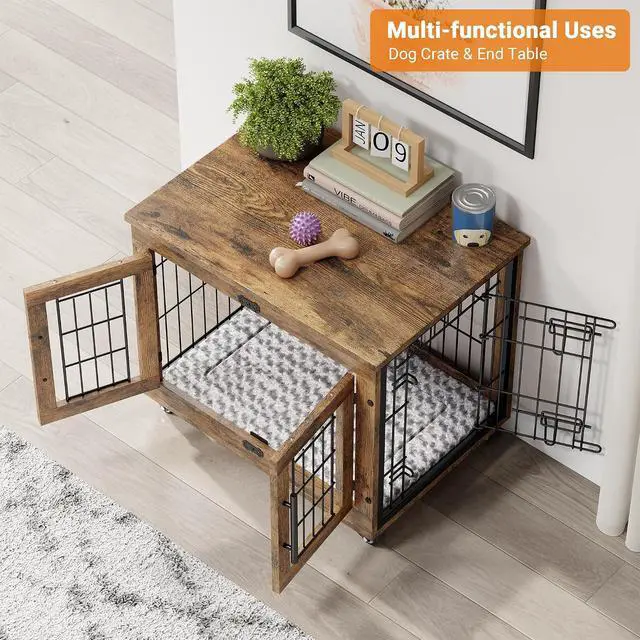 Alt view image 5 of 7 - Small Dog Crate Furniture Set of 2, Dog Kennel Indoor Double Doors Wooden Dog Cage, 27' Heavy Duty Dog Crate with Cushion & Wheels, End Table Pet House Chew-Resistant Up to 30 lb, Rustic Brown
