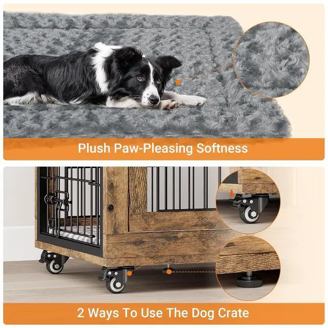 Alt view image 6 of 7 - Small Dog Crate Furniture Set of 2, Dog Kennel Indoor Double Doors Wooden Dog Cage, 27' Heavy Duty Dog Crate with Cushion & Wheels, End Table Pet House Chew-Resistant Up to 30 lb, Rustic Brown
