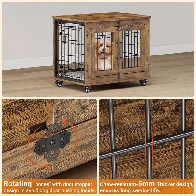 Alt view image 7 of 7 - Small Dog Crate Furniture Set of 2, Dog Kennel Indoor Double Doors Wooden Dog Cage, 27' Heavy Duty Dog Crate with Cushion & Wheels, End Table Pet House Chew-Resistant Up to 30 lb, Rustic Brown