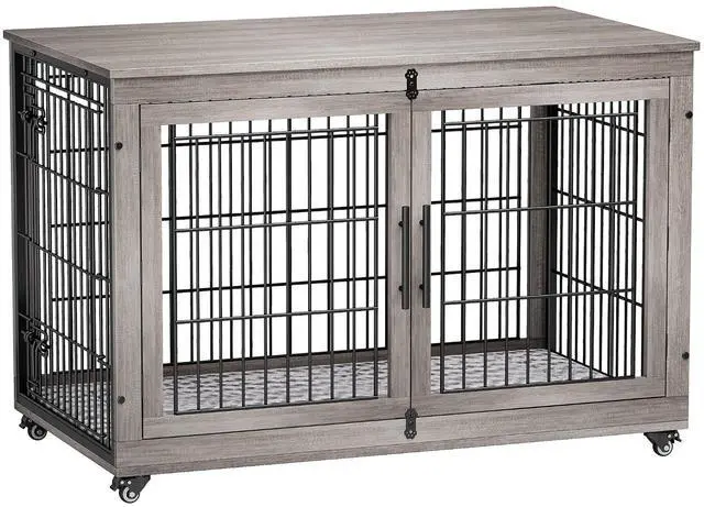 Main image of Dog Crate Furniture, XL Wooden Dog Kennel Indoor Double Doors Dog Cage, 44'' Heavy Duty Dog Crate with Cushion & Wheels, Decorative End Table Chew-Resistant for Extra Large/Medium, Grey