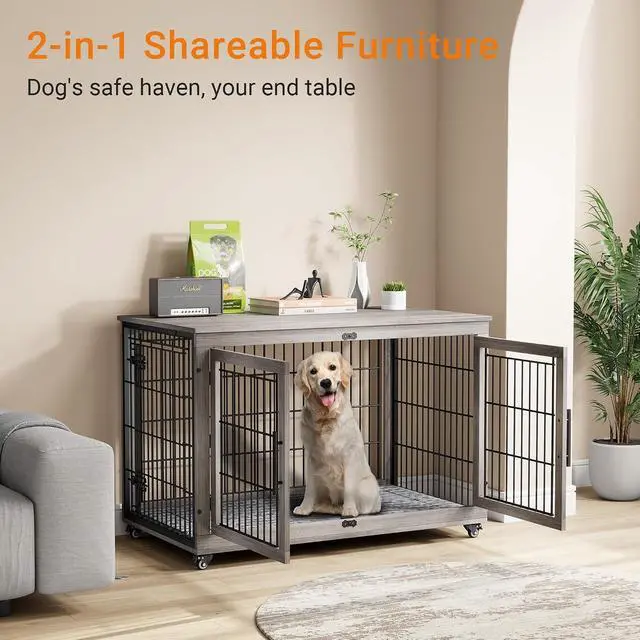 Alt view image 2 of 7 - Dog Crate Furniture, XL Wooden Dog Kennel Indoor Double Doors Dog Cage, 44'' Heavy Duty Dog Crate with Cushion & Wheels, Decorative End Table Chew-Resistant for Extra Large/Medium, Grey