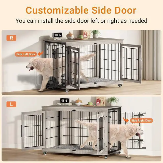 Alt view image 3 of 7 - Dog Crate Furniture, XL Wooden Dog Kennel Indoor Double Doors Dog Cage, 44'' Heavy Duty Dog Crate with Cushion & Wheels, Decorative End Table Chew-Resistant for Extra Large/Medium, Grey