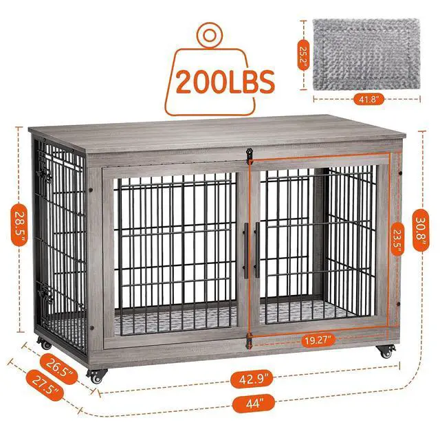 Alt view image 4 of 7 - Dog Crate Furniture, XL Wooden Dog Kennel Indoor Double Doors Dog Cage, 44'' Heavy Duty Dog Crate with Cushion & Wheels, Decorative End Table Chew-Resistant for Extra Large/Medium, Grey