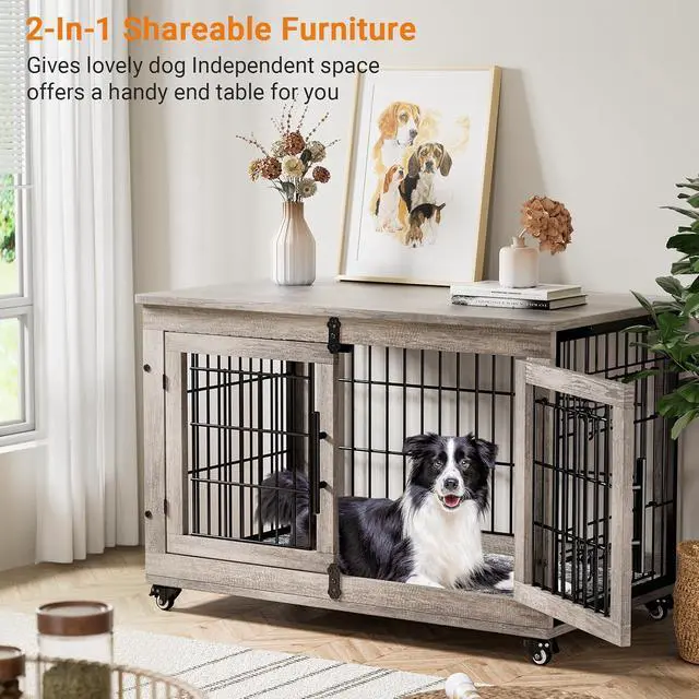 Alt view image 2 of 7 - Large Dog Crate Furniture, 38'' Wooden Dog Crate End Table, Double Door Dog Kennel Indoor with Cushion & Wheels, Decorative Dog Cage House Chew-Resistant for Large/Medium, Grey