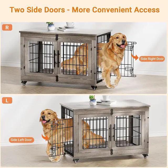 Alt view image 3 of 7 - Large Dog Crate Furniture, 38'' Wooden Dog Crate End Table, Double Door Dog Kennel Indoor with Cushion & Wheels, Decorative Dog Cage House Chew-Resistant for Large/Medium, Grey